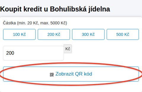Dobití kreditu QR kódem: výběr částky a tlačítko Zobrazit QR kód